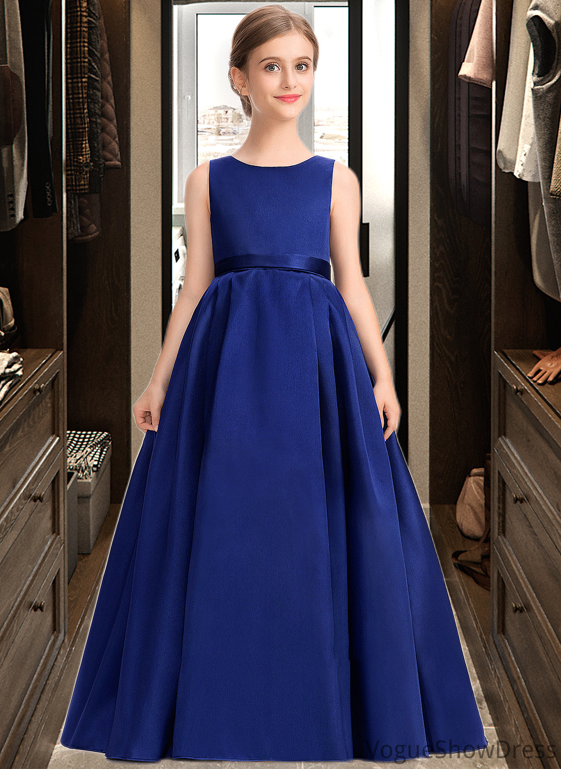 Zara Ball-Gown/Princess Scoop Neck Sweep Train Satin Junior Bridesmaid Dress With Bow(s) DLP0013628