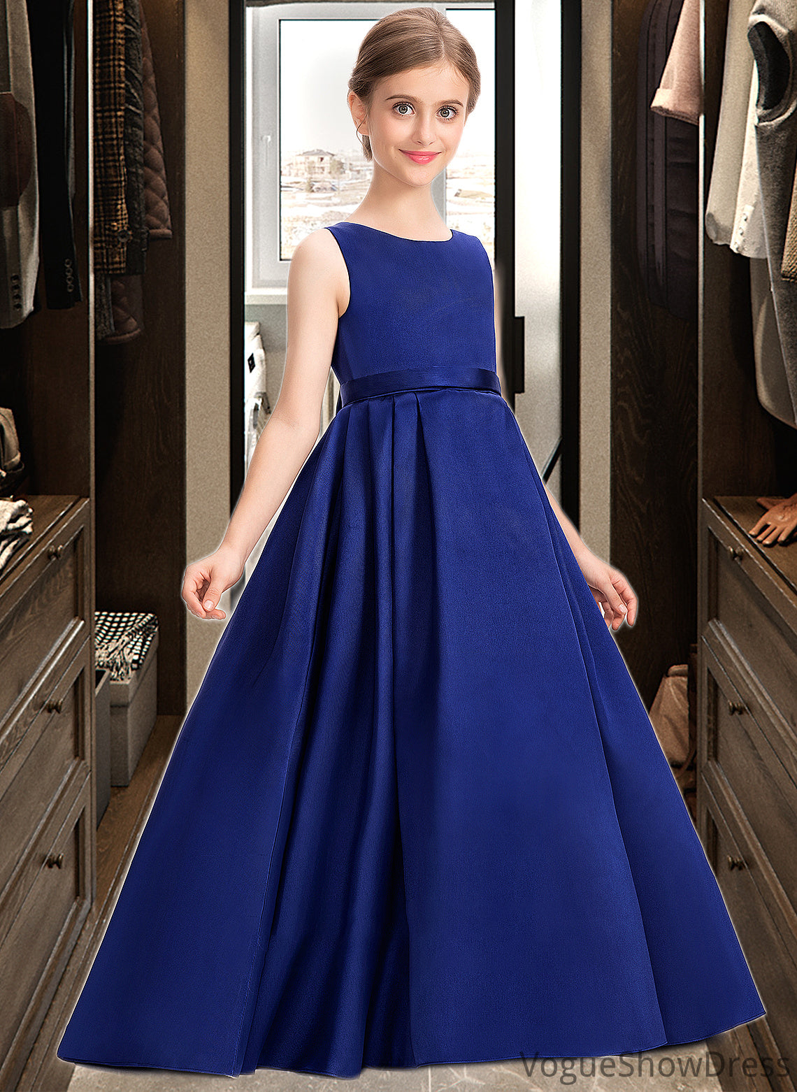 Zara Ball-Gown/Princess Scoop Neck Sweep Train Satin Junior Bridesmaid Dress With Bow(s) DLP0013628