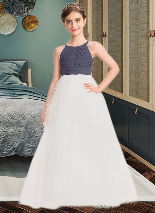 Stella A-Line Scoop Neck Floor-Length Chiffon Tulle Junior Bridesmaid Dress With Ruffle DLP0013629