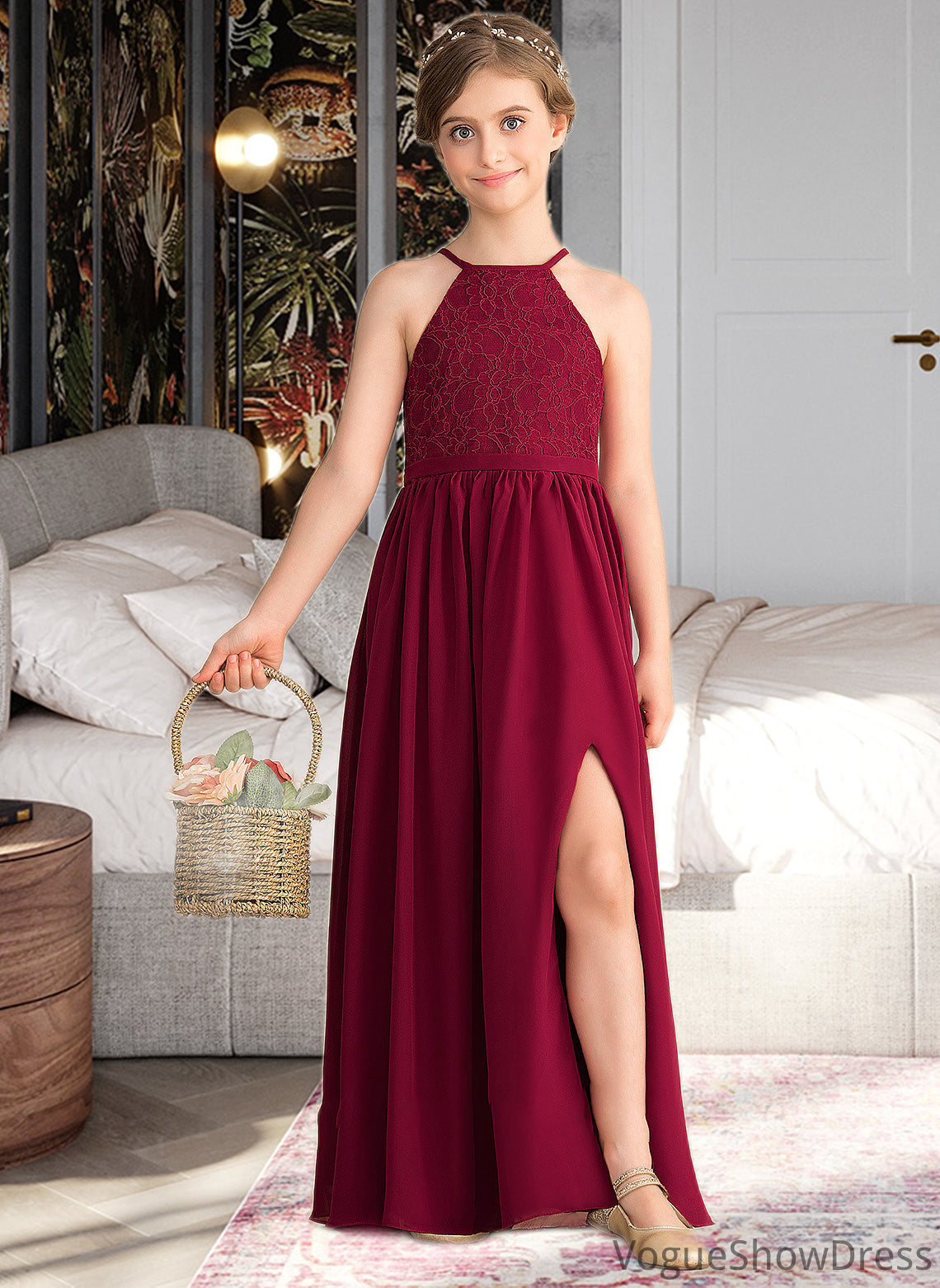 Belinda A-Line Scoop Neck Floor-Length Chiffon Lace Junior Bridesmaid Dress With Split Front DLP0013645