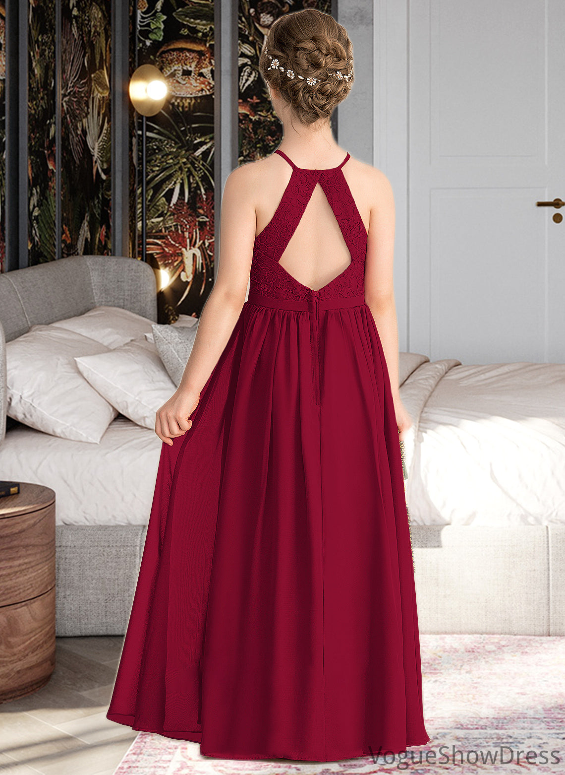 Belinda A-Line Scoop Neck Floor-Length Chiffon Lace Junior Bridesmaid Dress With Split Front DLP0013645