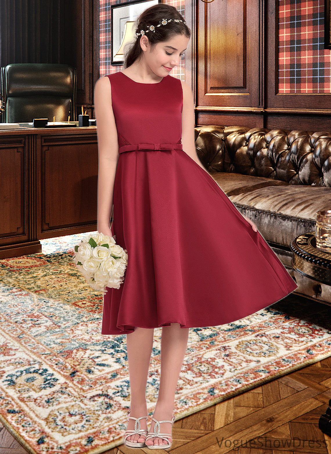 Nicola A-Line Scoop Neck Knee-Length Satin Junior Bridesmaid Dress With Lace Bow(s) DLP0013646