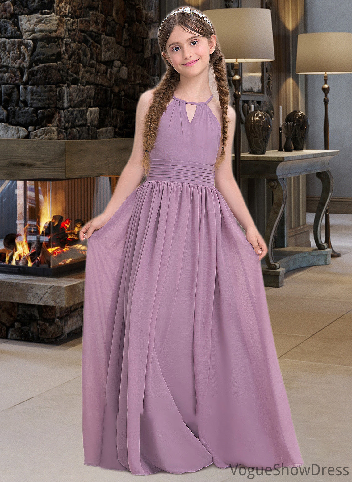 Karlie A-LineScoopNeckFloor-LengthChiffonJuniorBridesmaidDressWithRuffle#119580 DLP0013647