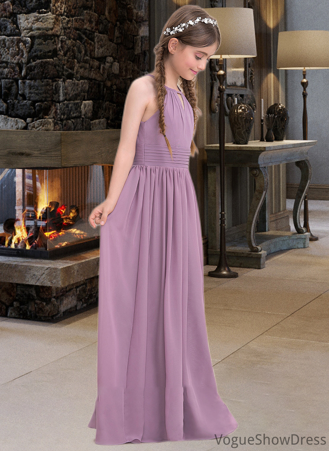 Karlie A-LineScoopNeckFloor-LengthChiffonJuniorBridesmaidDressWithRuffle#119580 DLP0013647