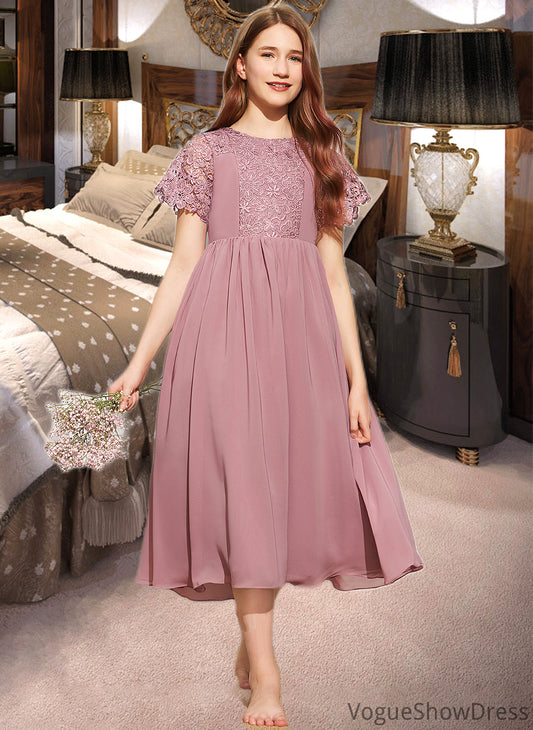 Hailey A-Line Scoop Neck Tea-Length Chiffon Lace Junior Bridesmaid Dress DLP0013648