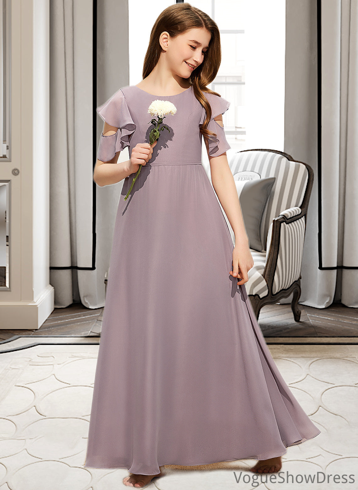 Yesenia A-Line Scoop Neck Floor-Length Chiffon Junior Bridesmaid Dress With Cascading Ruffles DLP0013649