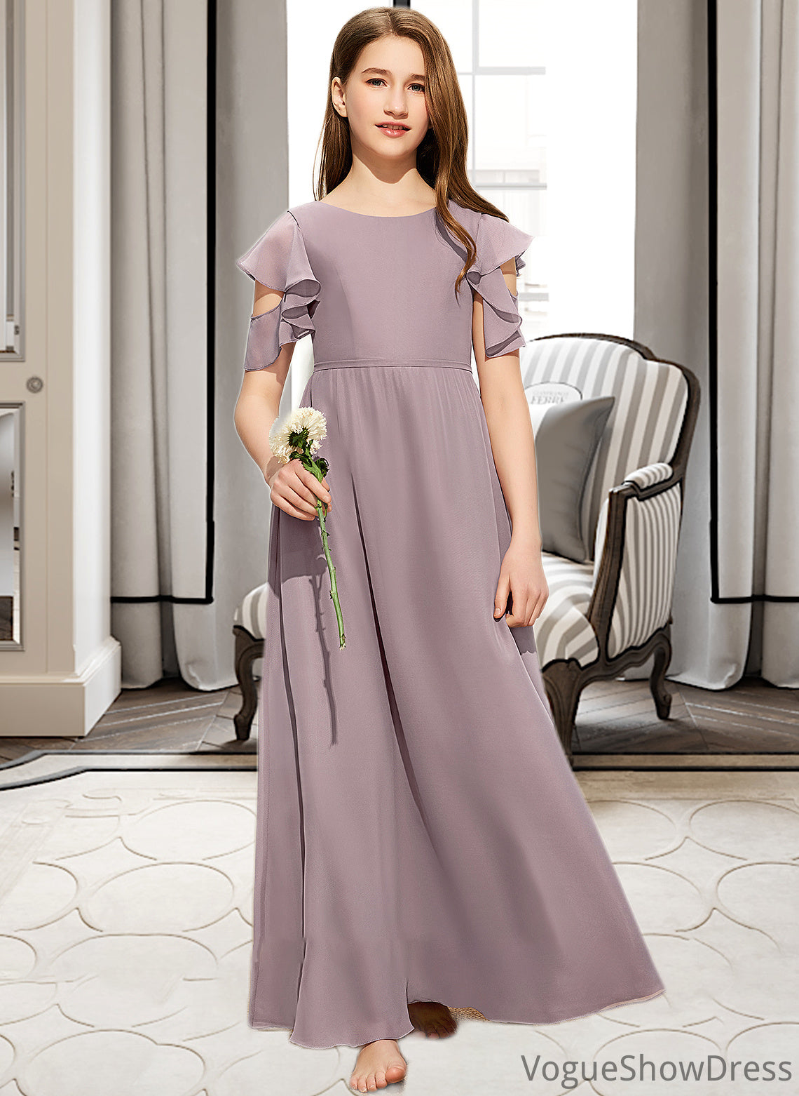 Yesenia A-Line Scoop Neck Floor-Length Chiffon Junior Bridesmaid Dress With Cascading Ruffles DLP0013649