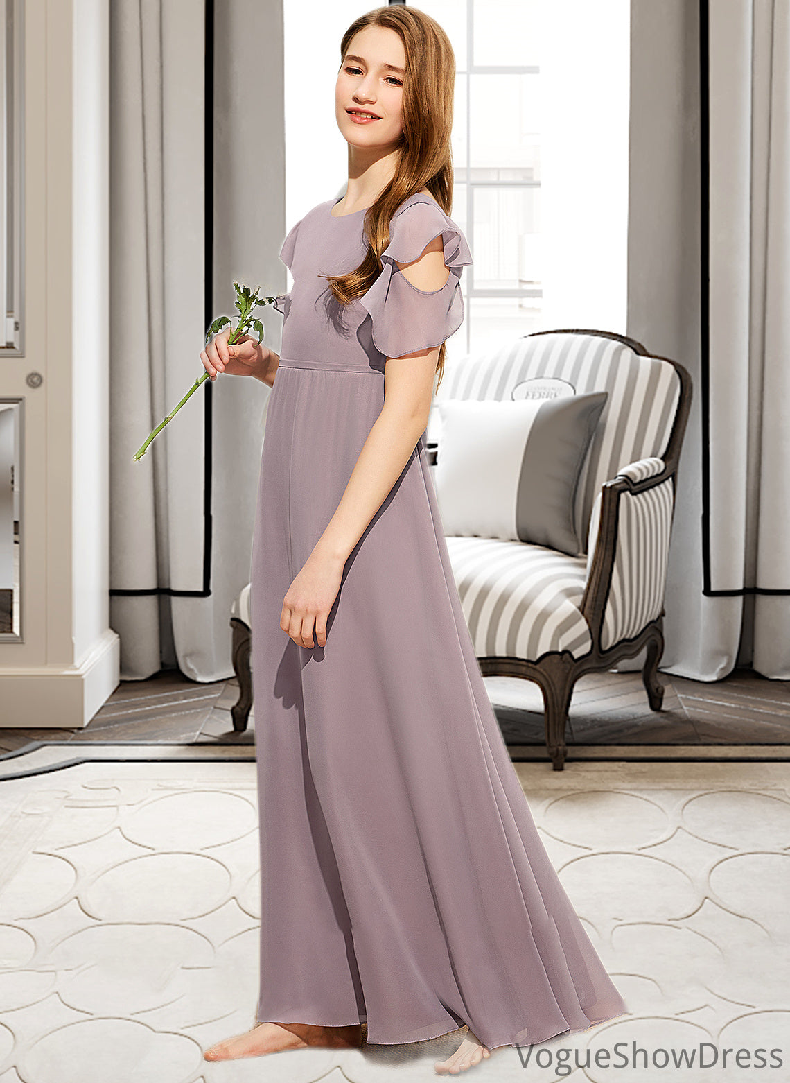 Yesenia A-Line Scoop Neck Floor-Length Chiffon Junior Bridesmaid Dress With Cascading Ruffles DLP0013649