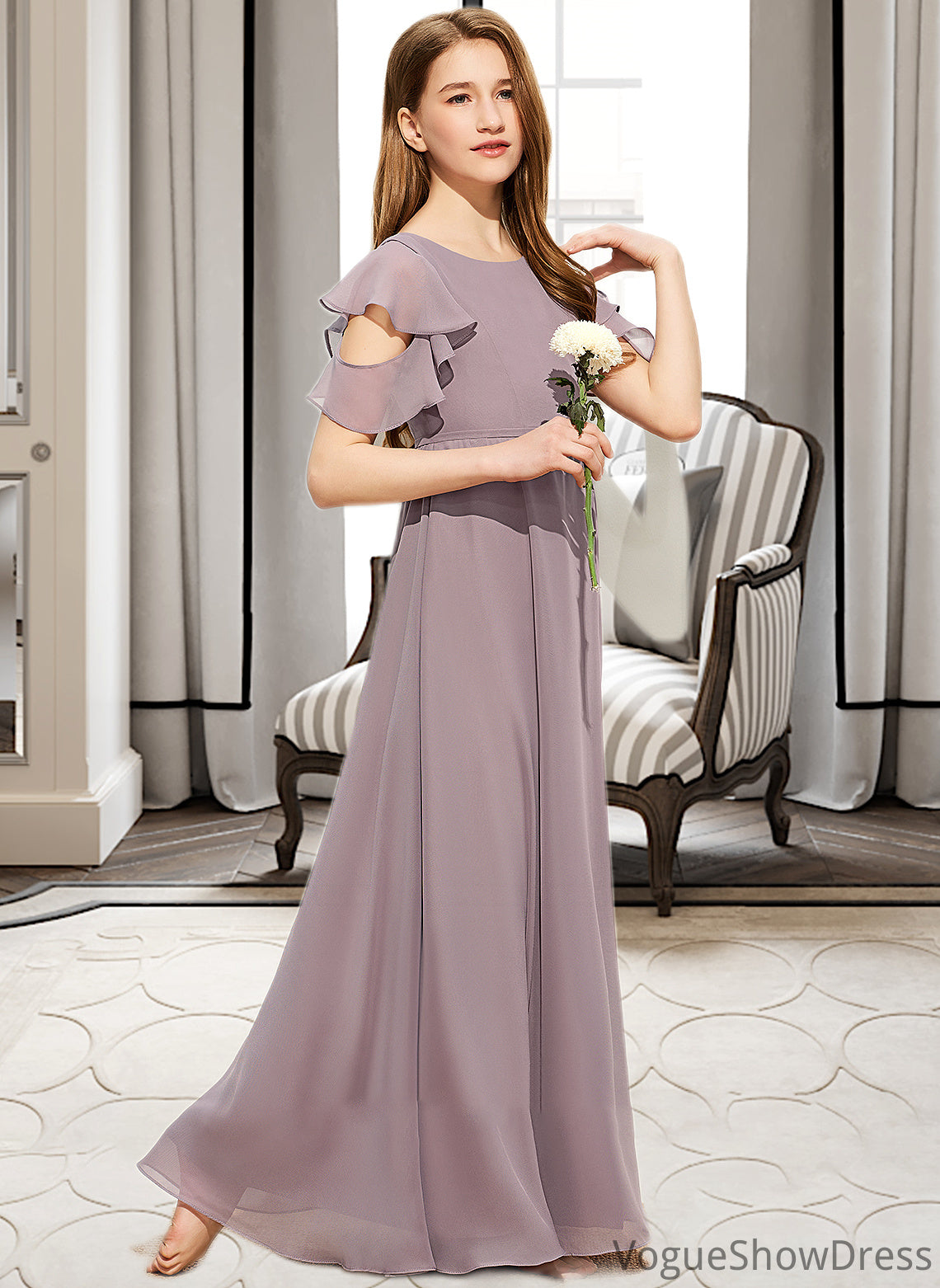 Yesenia A-Line Scoop Neck Floor-Length Chiffon Junior Bridesmaid Dress With Cascading Ruffles DLP0013649