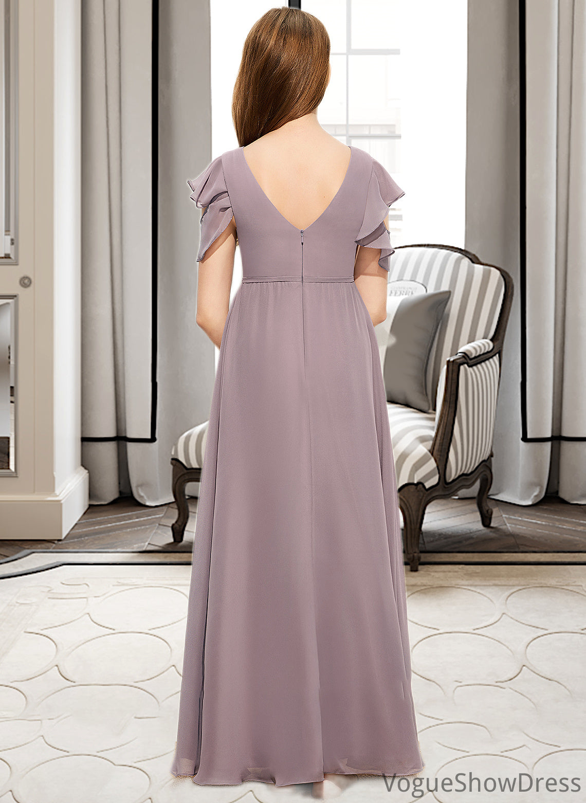 Yesenia A-Line Scoop Neck Floor-Length Chiffon Junior Bridesmaid Dress With Cascading Ruffles DLP0013649