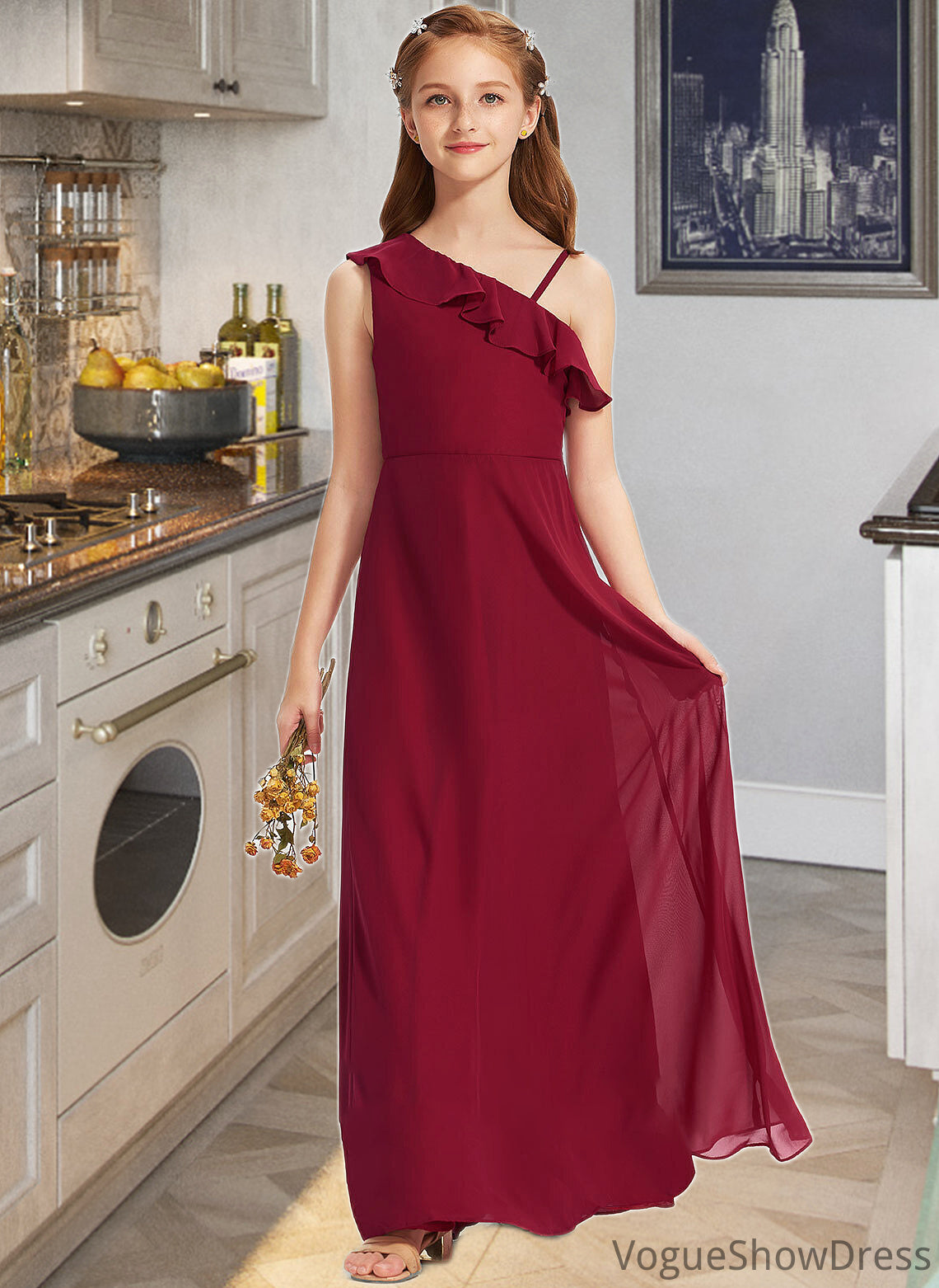 Rosalyn A-Line One-Shoulder Floor-Length Chiffon Junior Bridesmaid Dress With Ruffles DLP0013650