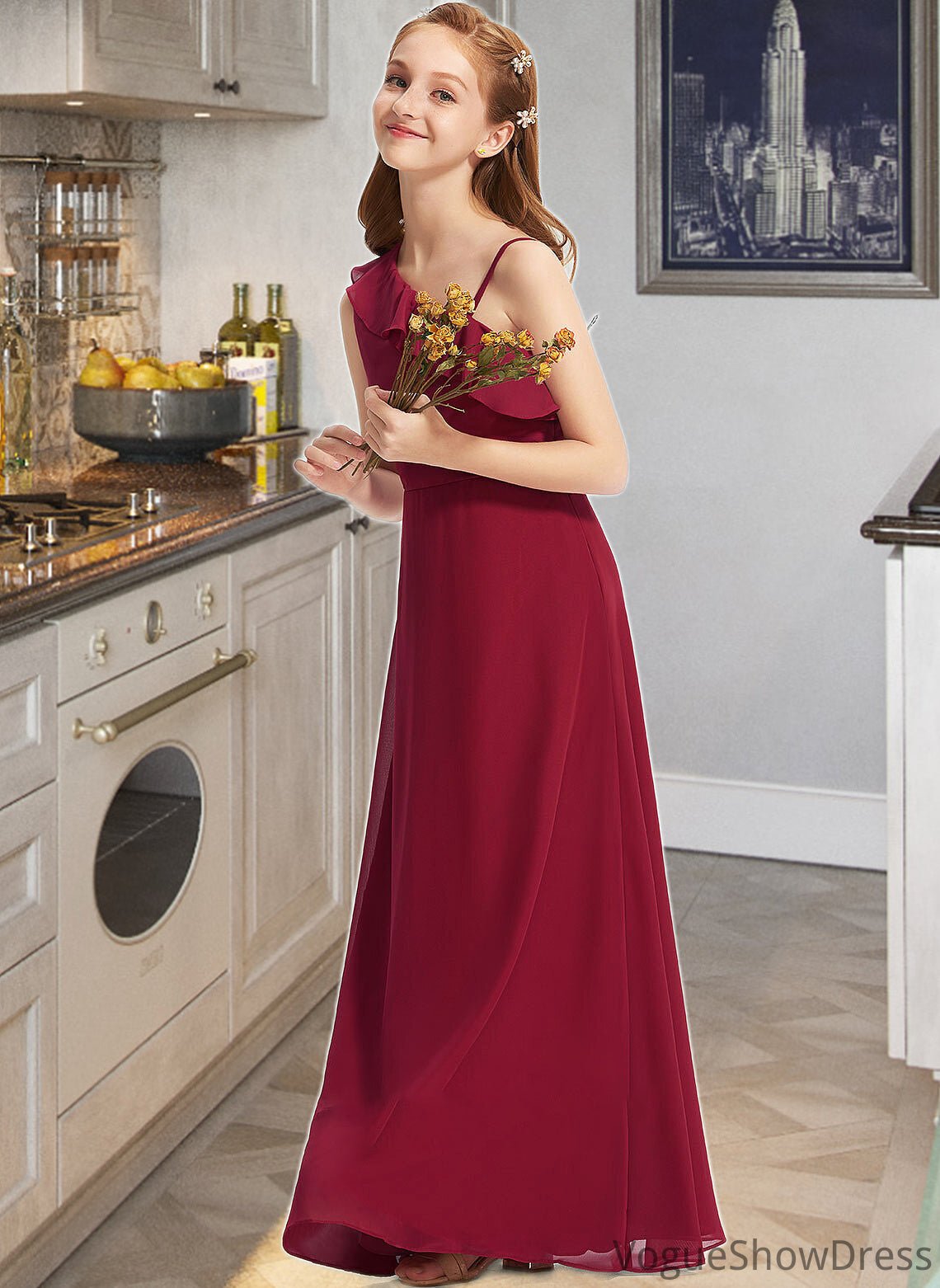 Rosalyn A-Line One-Shoulder Floor-Length Chiffon Junior Bridesmaid Dress With Ruffles DLP0013650