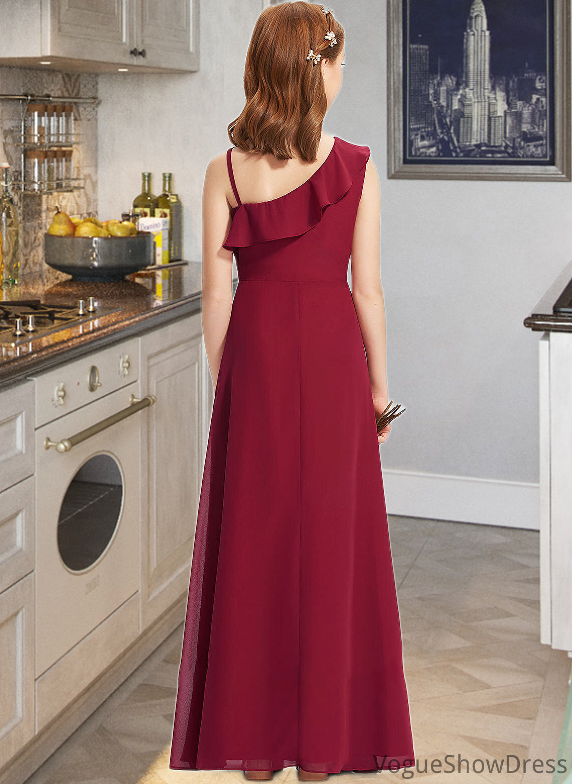 Rosalyn A-Line One-Shoulder Floor-Length Chiffon Junior Bridesmaid Dress With Ruffles DLP0013650