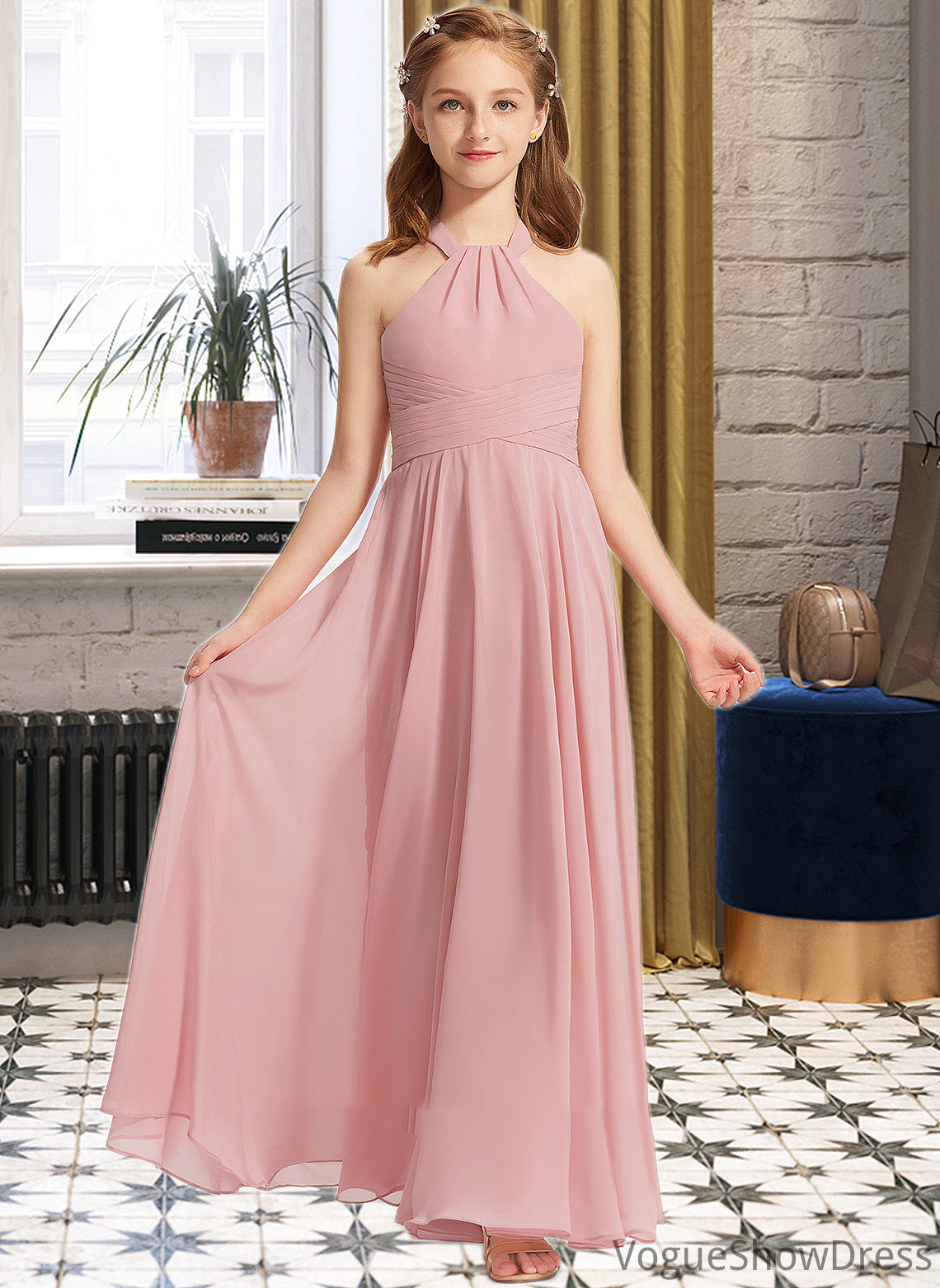 Adyson A-Line Square Neckline Floor-Length Chiffon Junior Bridesmaid Dress With Ruffle DLP0013651