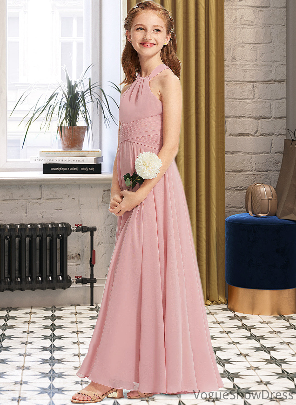 Adyson A-Line Square Neckline Floor-Length Chiffon Junior Bridesmaid Dress With Ruffle DLP0013651