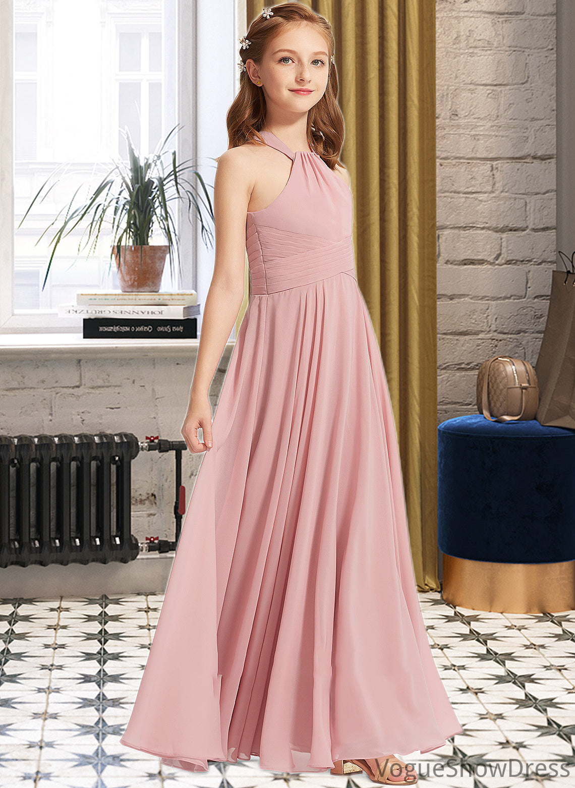 Adyson A-Line Square Neckline Floor-Length Chiffon Junior Bridesmaid Dress With Ruffle DLP0013651