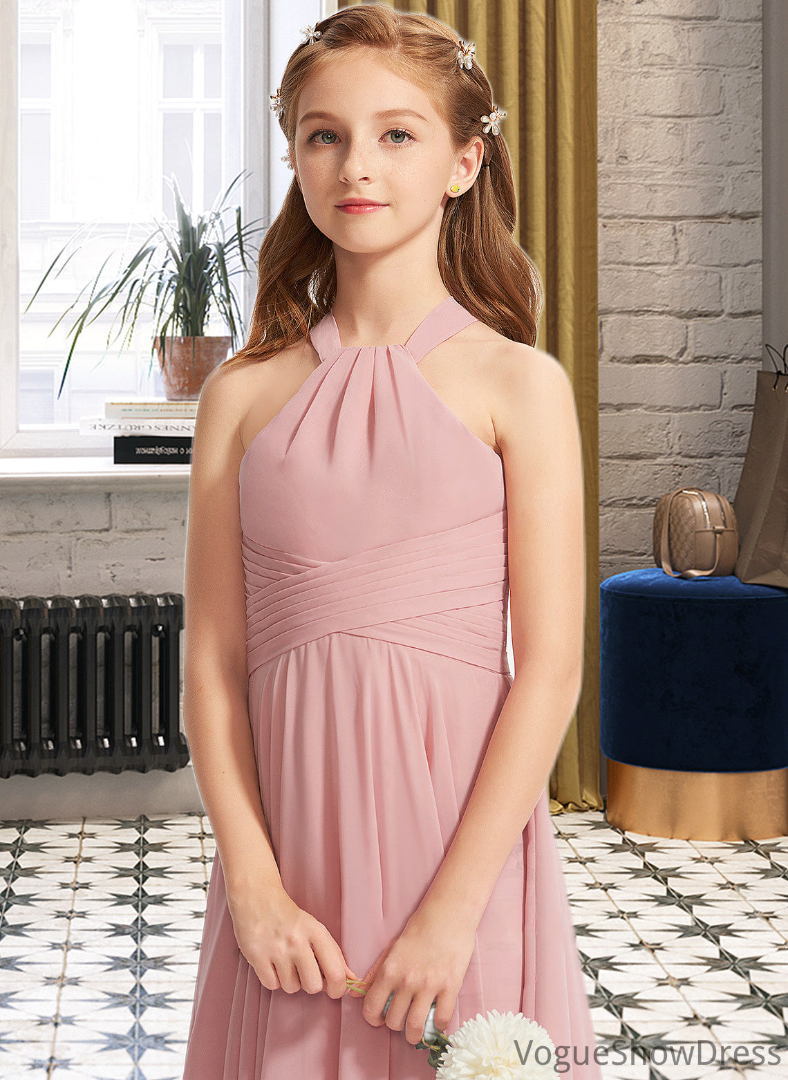 Adyson A-Line Square Neckline Floor-Length Chiffon Junior Bridesmaid Dress With Ruffle DLP0013651