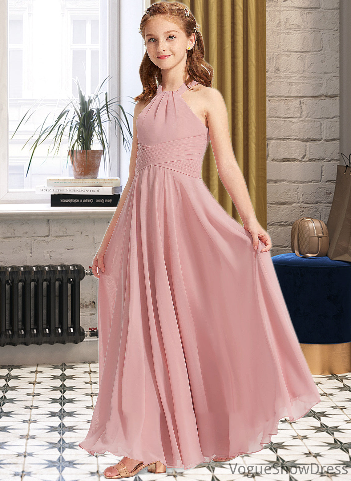 Adyson A-Line Square Neckline Floor-Length Chiffon Junior Bridesmaid Dress With Ruffle DLP0013651