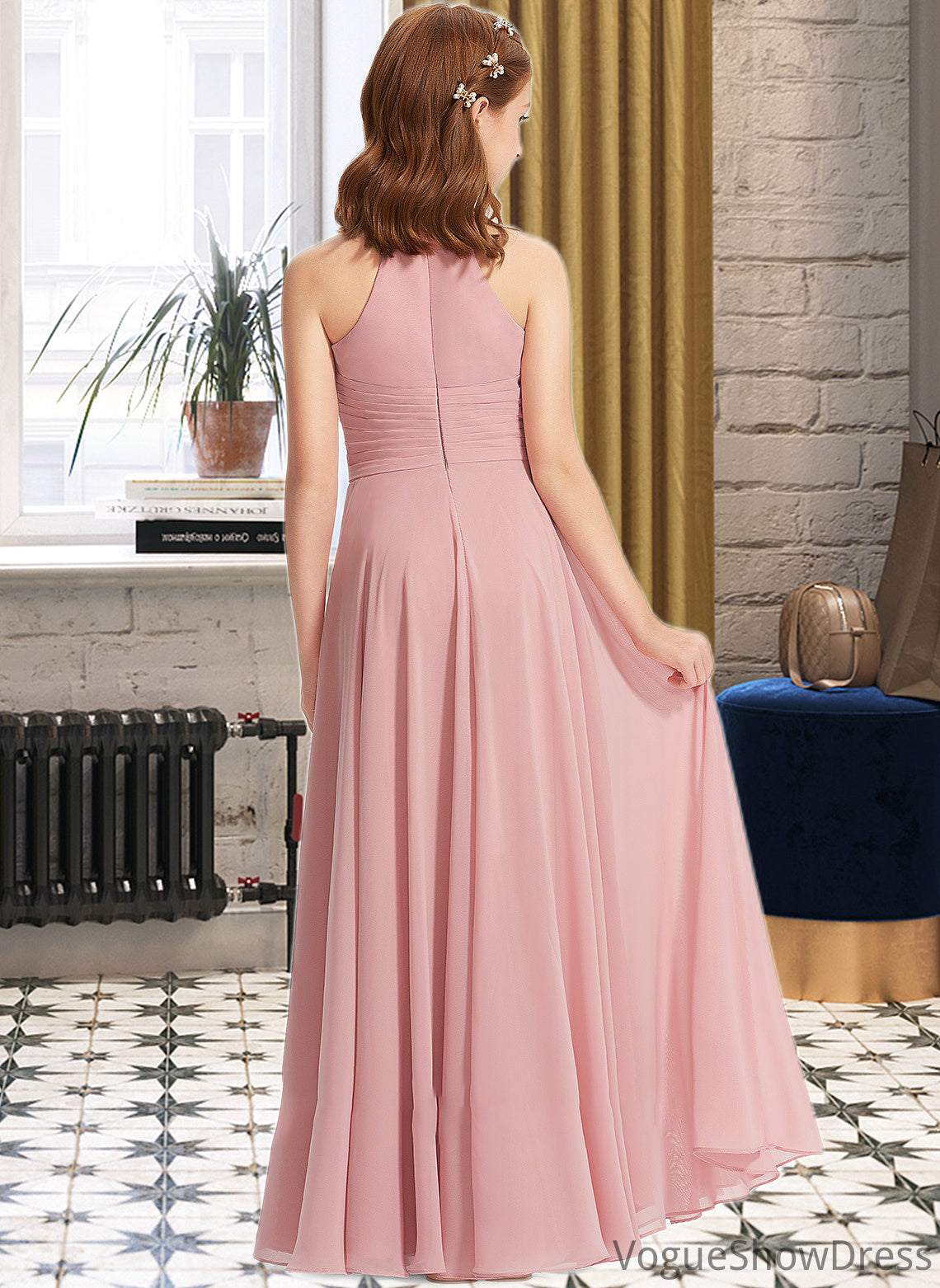 Adyson A-Line Square Neckline Floor-Length Chiffon Junior Bridesmaid Dress With Ruffle DLP0013651