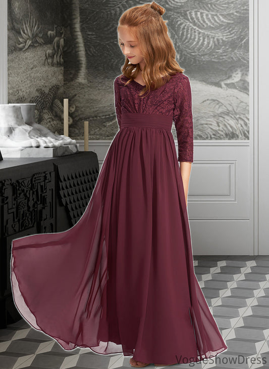 Norah A-Line V-neck Floor-Length Chiffon Lace Junior Bridesmaid Dress DLP0013652