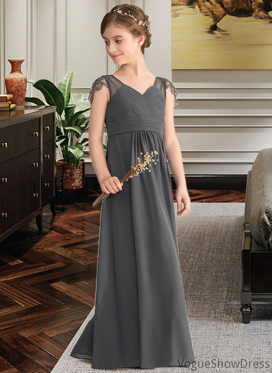 Coral A-Line V-neck Floor-Length Chiffon Junior Bridesmaid Dress With Ruffle Beading DLP0013653