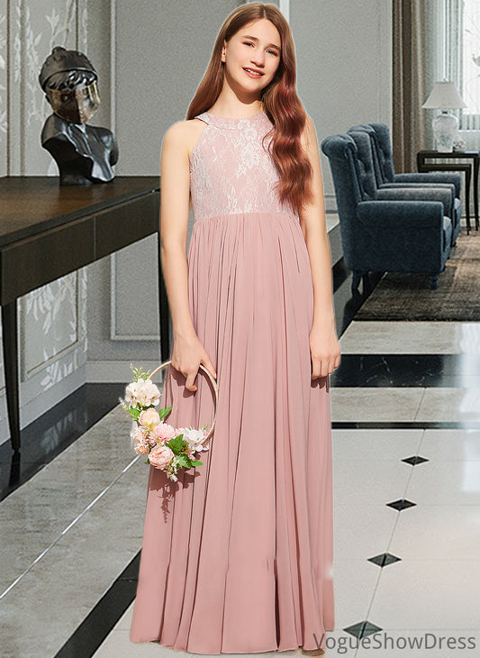 Nicky A-Line Scoop Neck Floor-Length Chiffon Lace Junior Bridesmaid Dress With Sequins DLP0013655