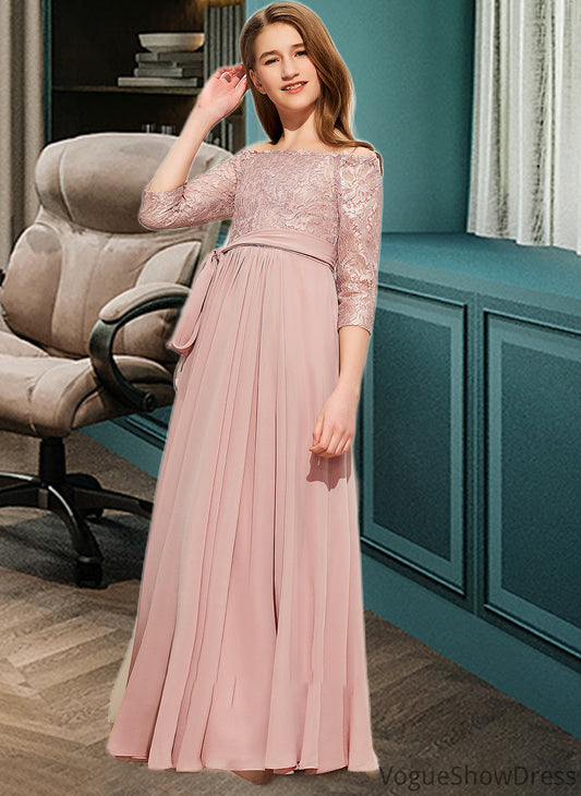 Chana A-Line Off-the-Shoulder Floor-Length Chiffon Lace Junior Bridesmaid Dress With Bow(s) DLP0013658