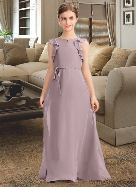 Alicia A-Line Scoop Neck Floor-Length Chiffon Junior Bridesmaid Dress With Bow(s) Cascading Ruffles DLP0013659