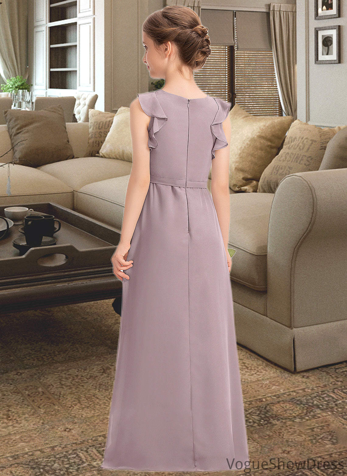 Alicia A-Line Scoop Neck Floor-Length Chiffon Junior Bridesmaid Dress With Bow(s) Cascading Ruffles DLP0013659