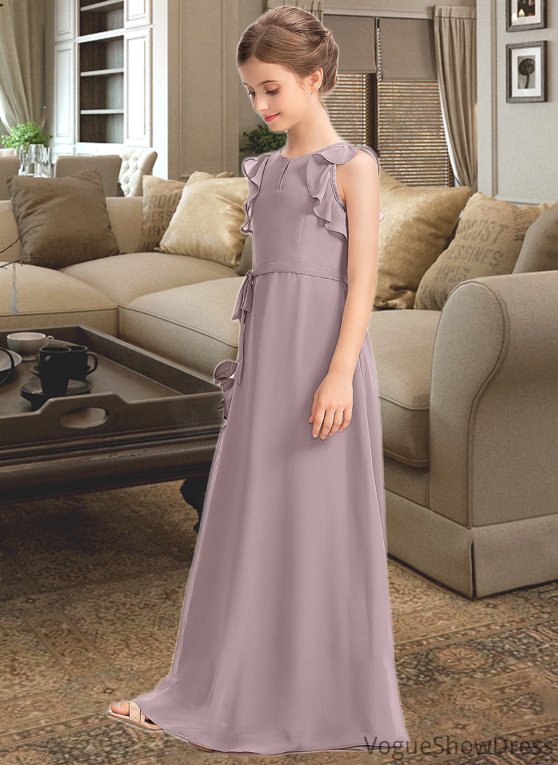 Alicia A-Line Scoop Neck Floor-Length Chiffon Junior Bridesmaid Dress With Bow(s) Cascading Ruffles DLP0013659