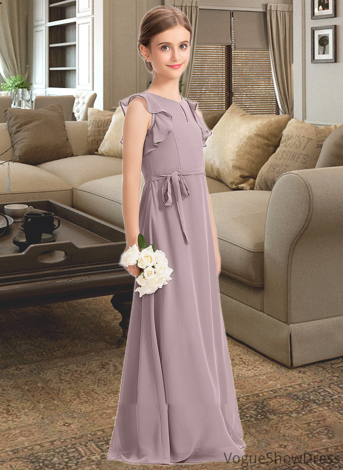 Alicia A-Line Scoop Neck Floor-Length Chiffon Junior Bridesmaid Dress With Bow(s) Cascading Ruffles DLP0013659