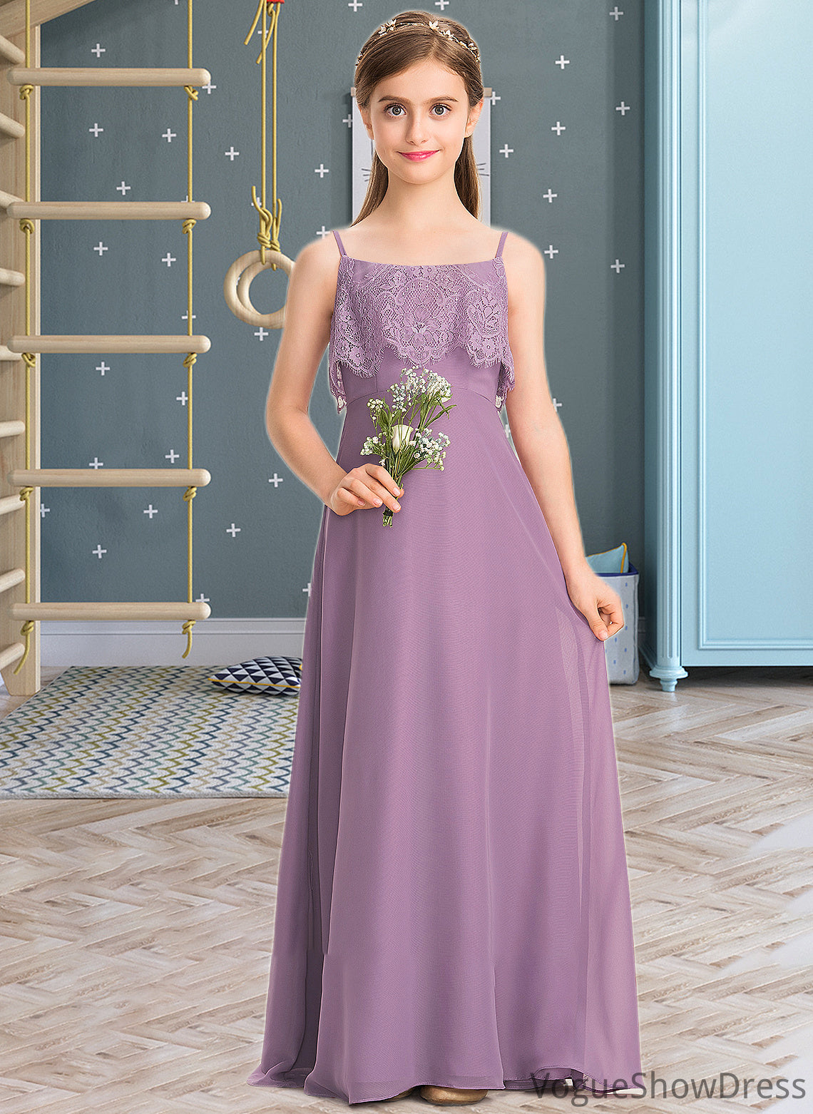 Shirley A-Line Square Neckline Floor-Length Chiffon Lace Junior Bridesmaid Dress DLP0013660