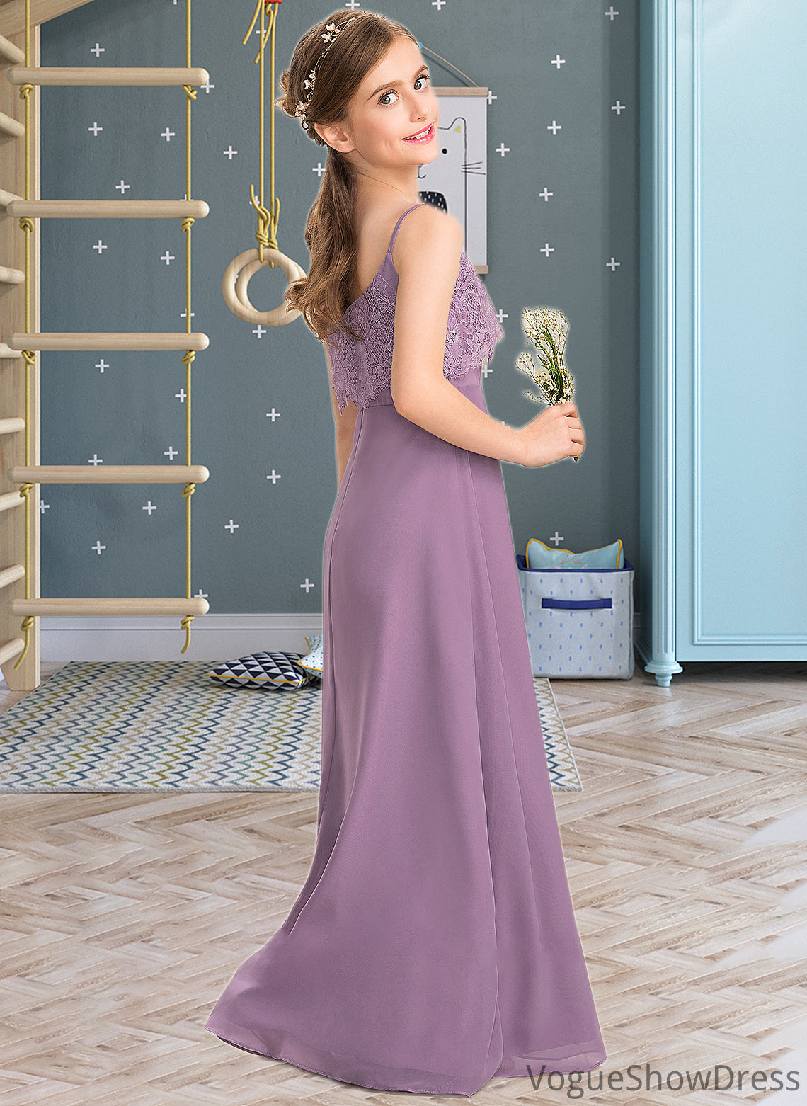 Shirley A-Line Square Neckline Floor-Length Chiffon Lace Junior Bridesmaid Dress DLP0013660