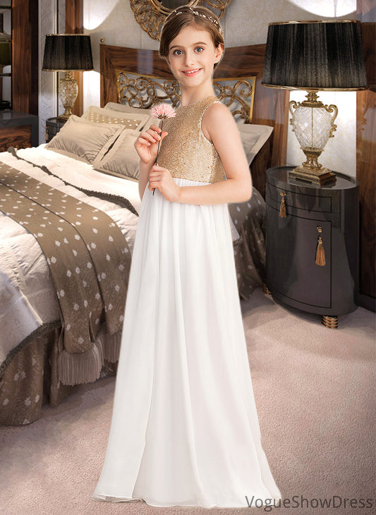 Macy A-Line Scoop Neck Floor-Length Chiffon Sequined Junior Bridesmaid Dress DLP0013662