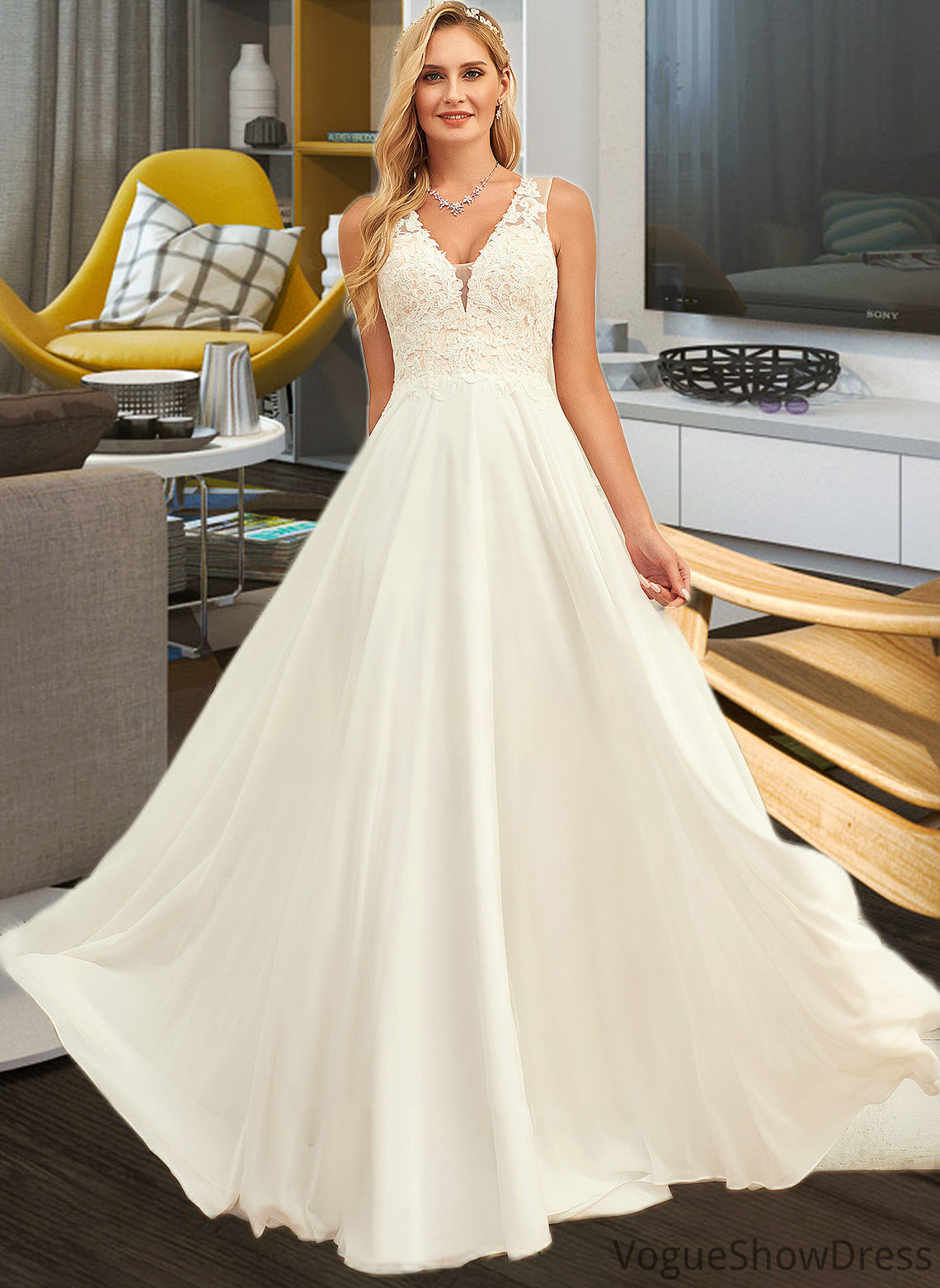 Stacy A-Line V-neck Sweep Train Chiffon Lace Wedding Dress With Lace DLP0013677