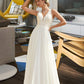 Stacy A-Line V-neck Sweep Train Chiffon Lace Wedding Dress With Lace DLP0013677