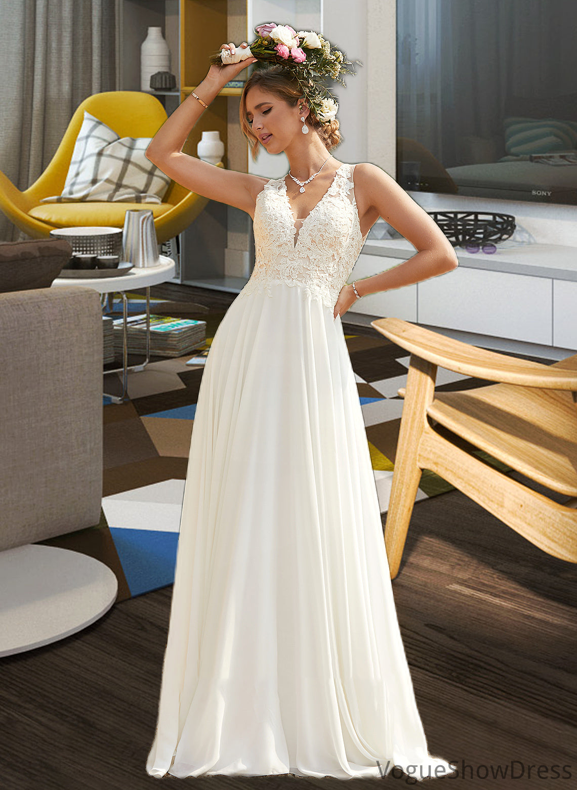 Stacy A-Line V-neck Sweep Train Chiffon Lace Wedding Dress With Lace DLP0013677