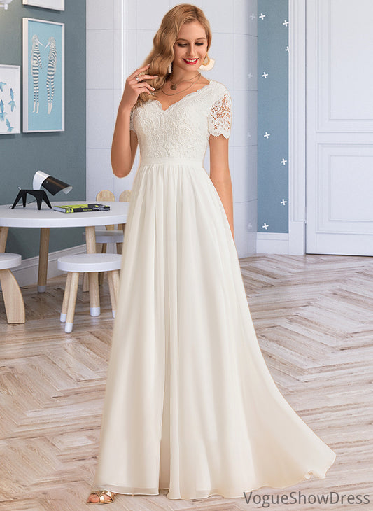 Shea A-Line V-neck Floor-Length Chiffon Lace Wedding Dress DLP0013678