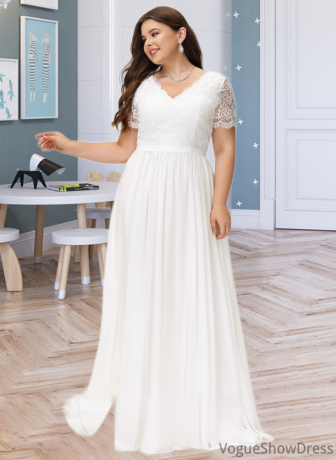 Shea A-Line V-neck Floor-Length Chiffon Lace Wedding Dress DLP0013678