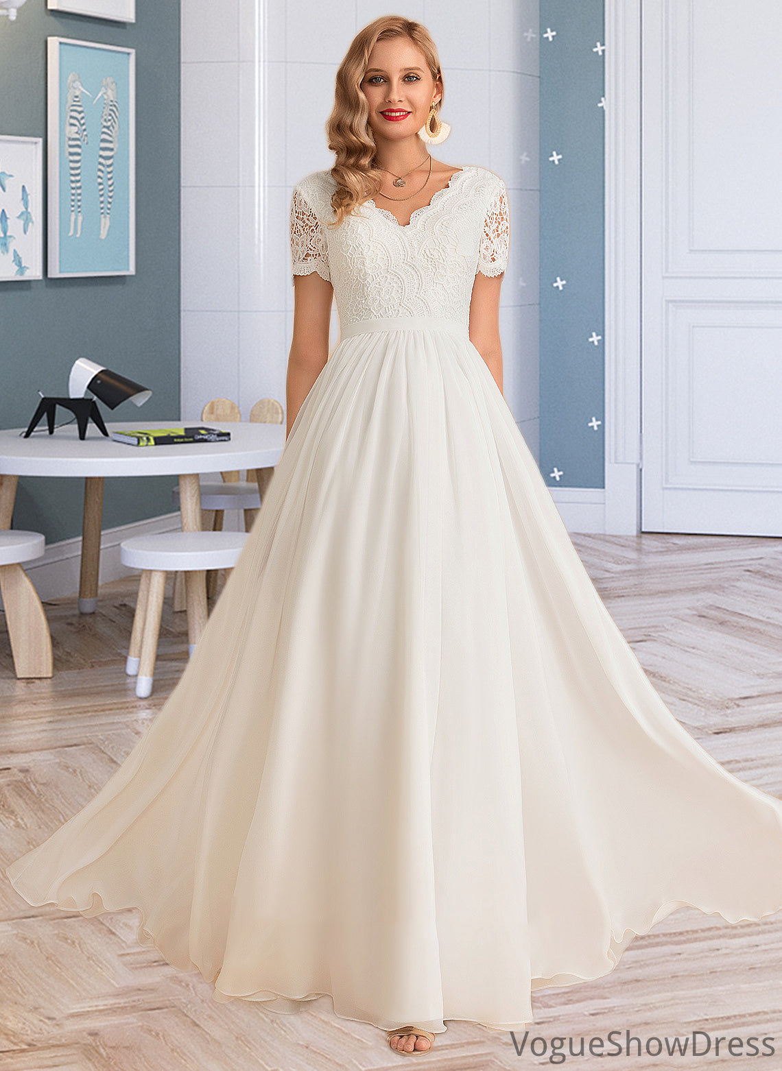 Shea A-Line V-neck Floor-Length Chiffon Lace Wedding Dress DLP0013678