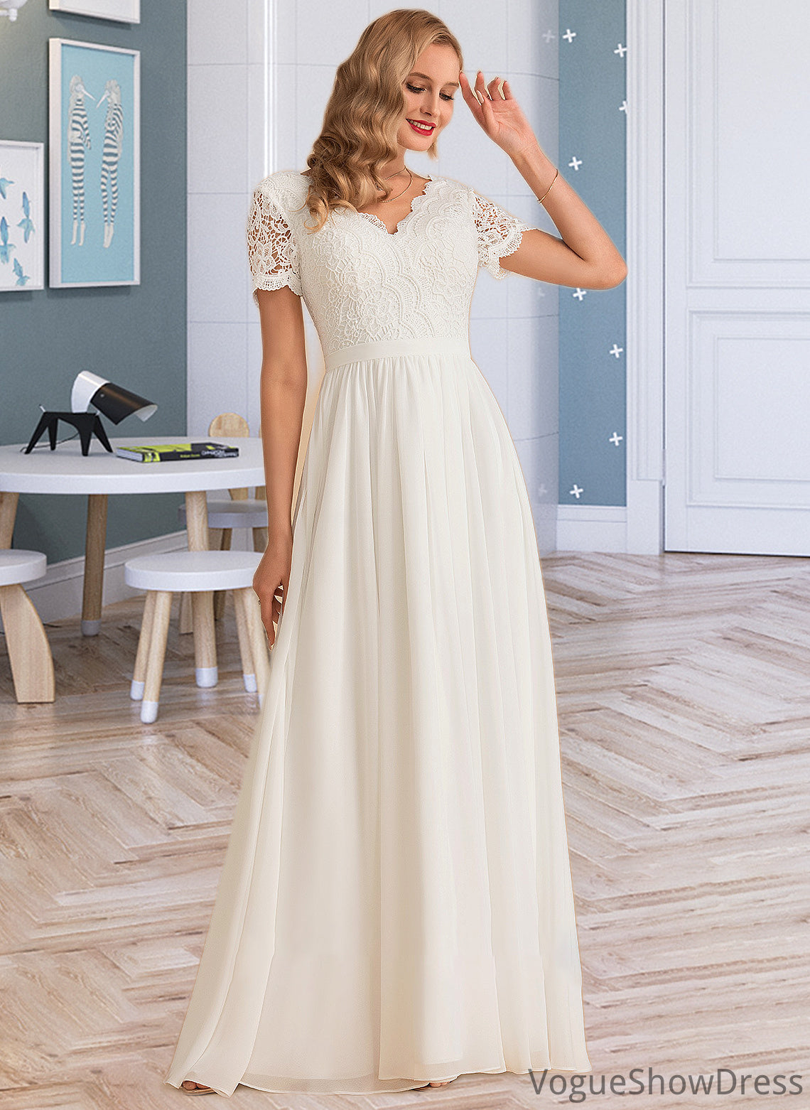 Shea A-Line V-neck Floor-Length Chiffon Lace Wedding Dress DLP0013678