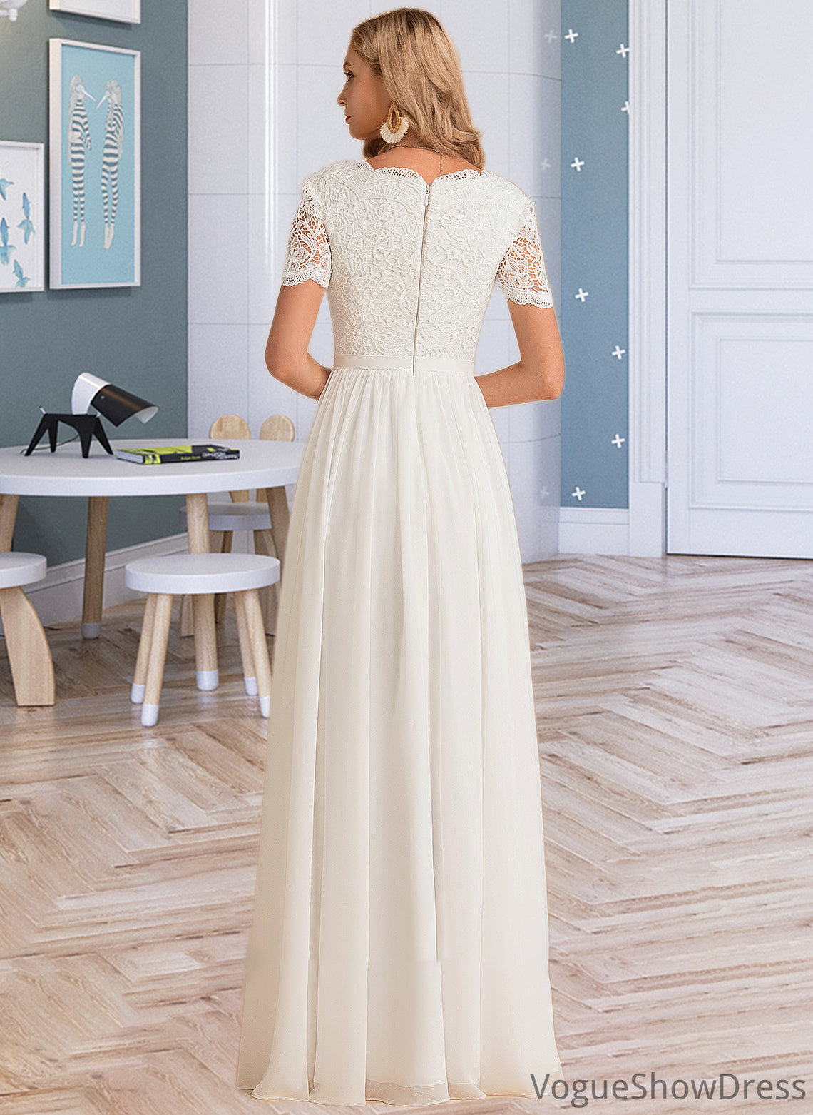 Shea A-Line V-neck Floor-Length Chiffon Lace Wedding Dress DLP0013678