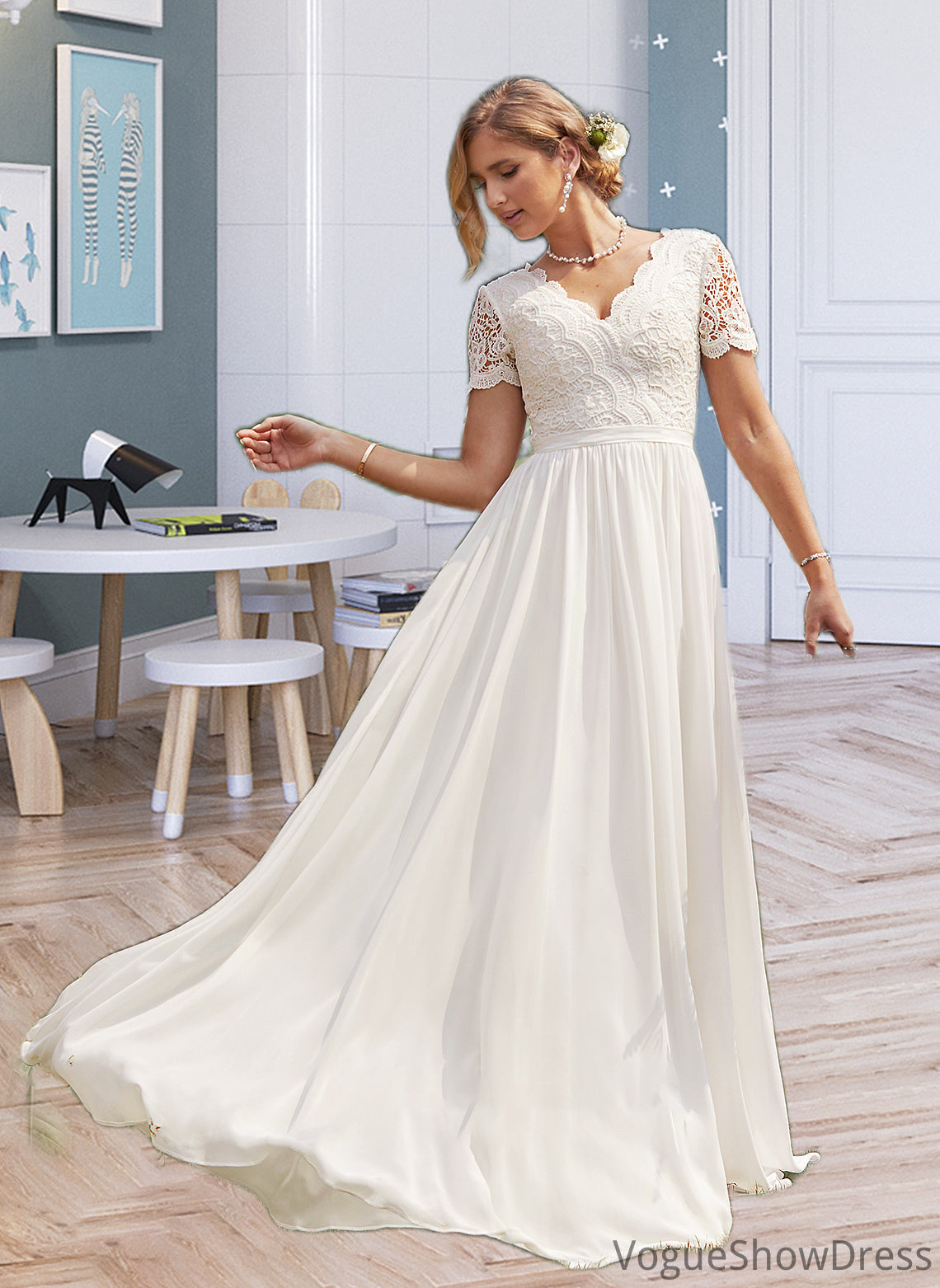 Shea A-Line V-neck Floor-Length Chiffon Lace Wedding Dress DLP0013678