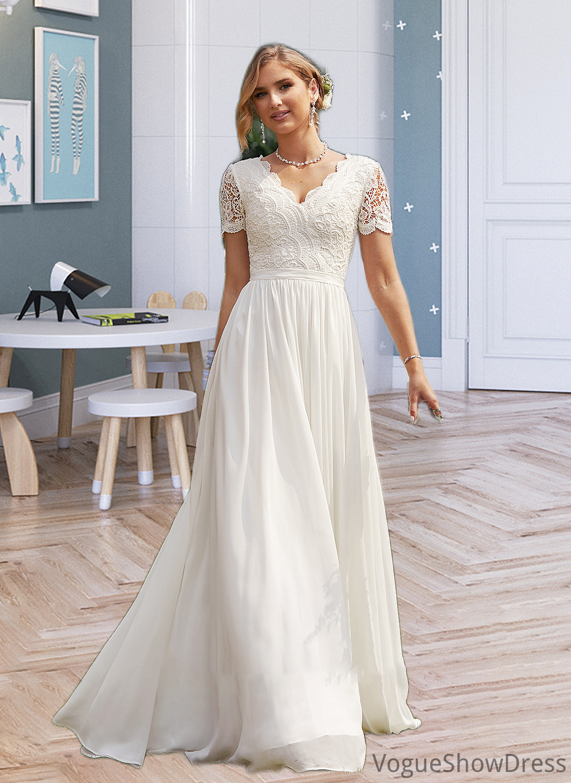 Shea A-Line V-neck Floor-Length Chiffon Lace Wedding Dress DLP0013678