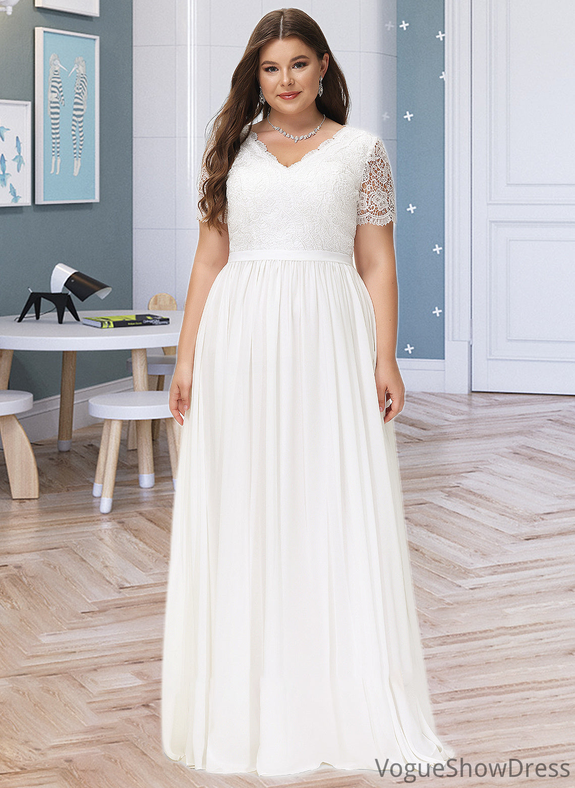 Shea A-Line V-neck Floor-Length Chiffon Lace Wedding Dress DLP0013678