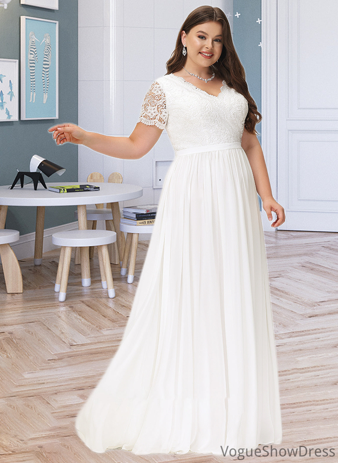 Shea A-Line V-neck Floor-Length Chiffon Lace Wedding Dress DLP0013678