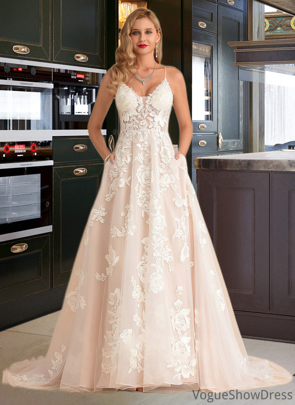 Abigayle Ball-Gown/Princess V-neck Court Train Tulle Lace Wedding Dress With Beading Pockets DLP0013679