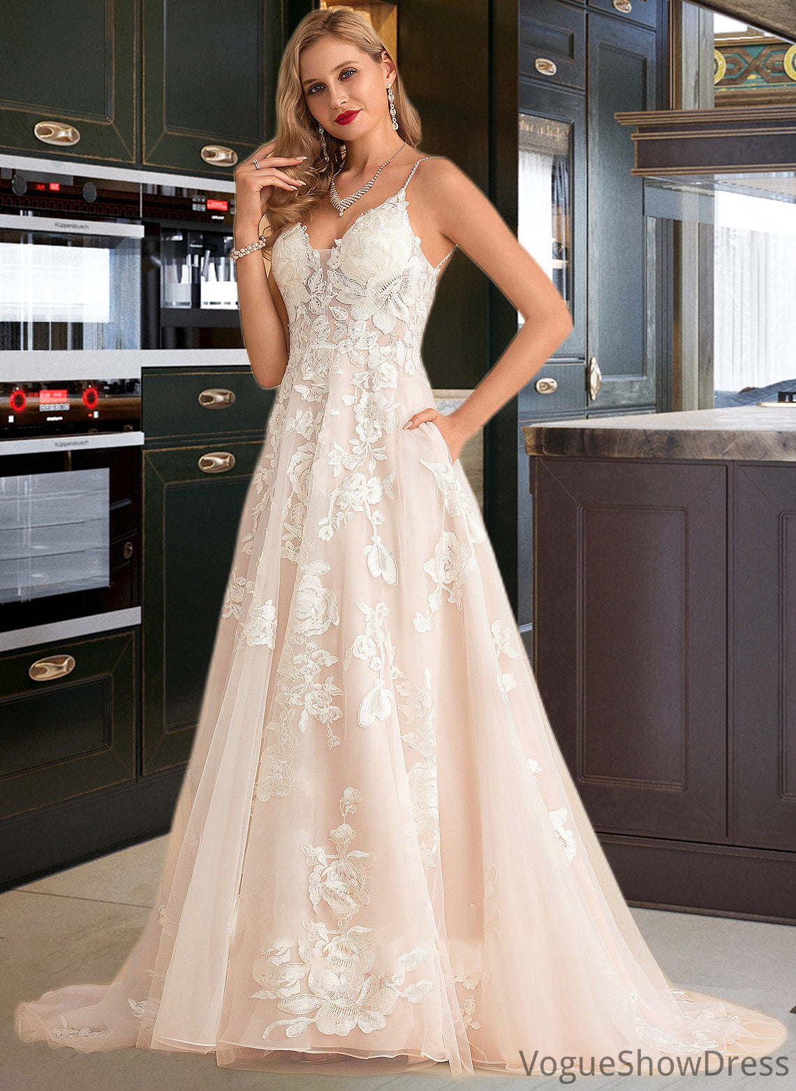 Abigayle Ball-Gown/Princess V-neck Court Train Tulle Lace Wedding Dress With Beading Pockets DLP0013679