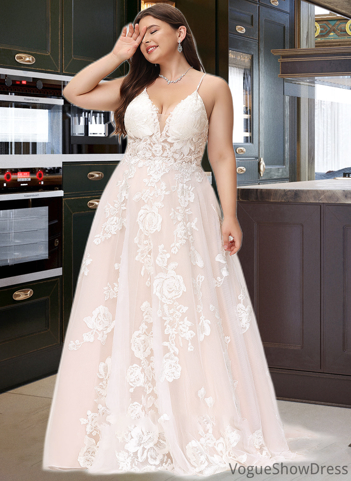 Abigayle Ball-Gown/Princess V-neck Court Train Tulle Lace Wedding Dress With Beading Pockets DLP0013679