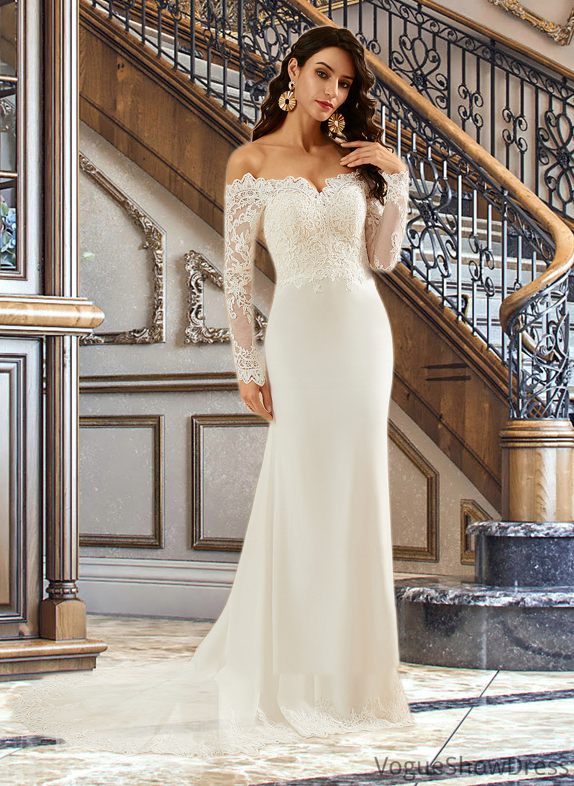 Kate Trumpet/Mermaid Off-the-Shoulder Court Train Wedding Dress With Lace DLP0013680